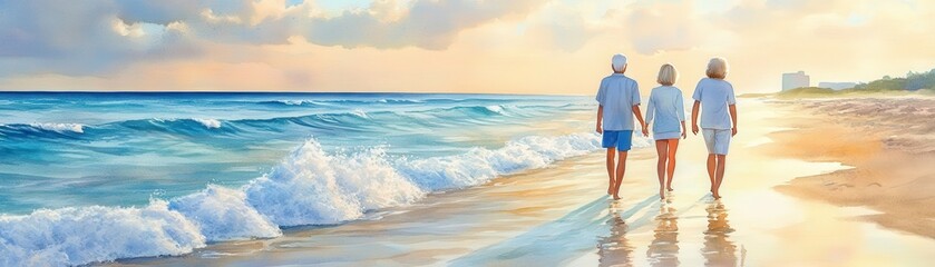 Fototapeta premium Serenity Stroll: Watercolor Seniors Reflecting by Gentle Beach Waves