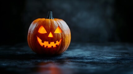 Spooky Jack-o'-Lantern with Glowing Face on a Dark Background
