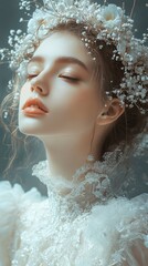 A serene portrait of a woman adorned with flowers, exuding elegance and beauty.