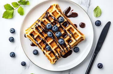 National Dessert Day. crisp waffles with chocolate drizzle and blueberries on a plate, top view, grey background. bowls filled with fruit jam or honey and mint leaves