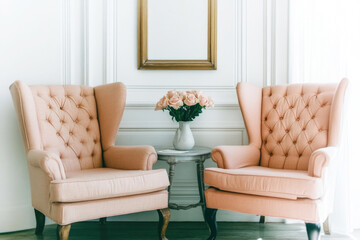 Elegant scene with two pink armchairs and a bouquet of flowers between them, showcasing sophistication and refined taste.
