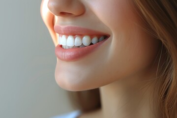 Close up shot of woman perfect white smile showcasing dental health and beauty with natural lighting, female smile symbolizing confidence and self care