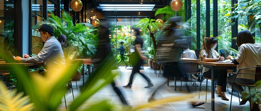 A contemporary coworking space filled with lush greenery, natural light, and people working and walking, creating a refreshing and productive environment.