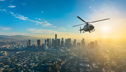 Naklejka premium Breathtaking panorama of a bustling city from above, where towering skyscrapers dominate the skyline. Aerial view captures the vibrant energy and architectural marvels of urban life. Modern cityscapes
