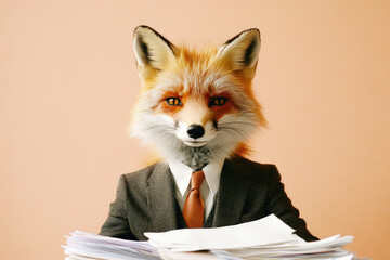 A fox dressed in a business suit, sitting at a desk with a stack of papers, representing an anthropomorphic surreal artwork.