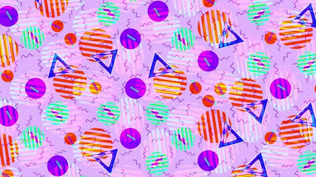 Pink retro pop art design patterns. Memphis style with geometrical shapes. Abstract looped animation