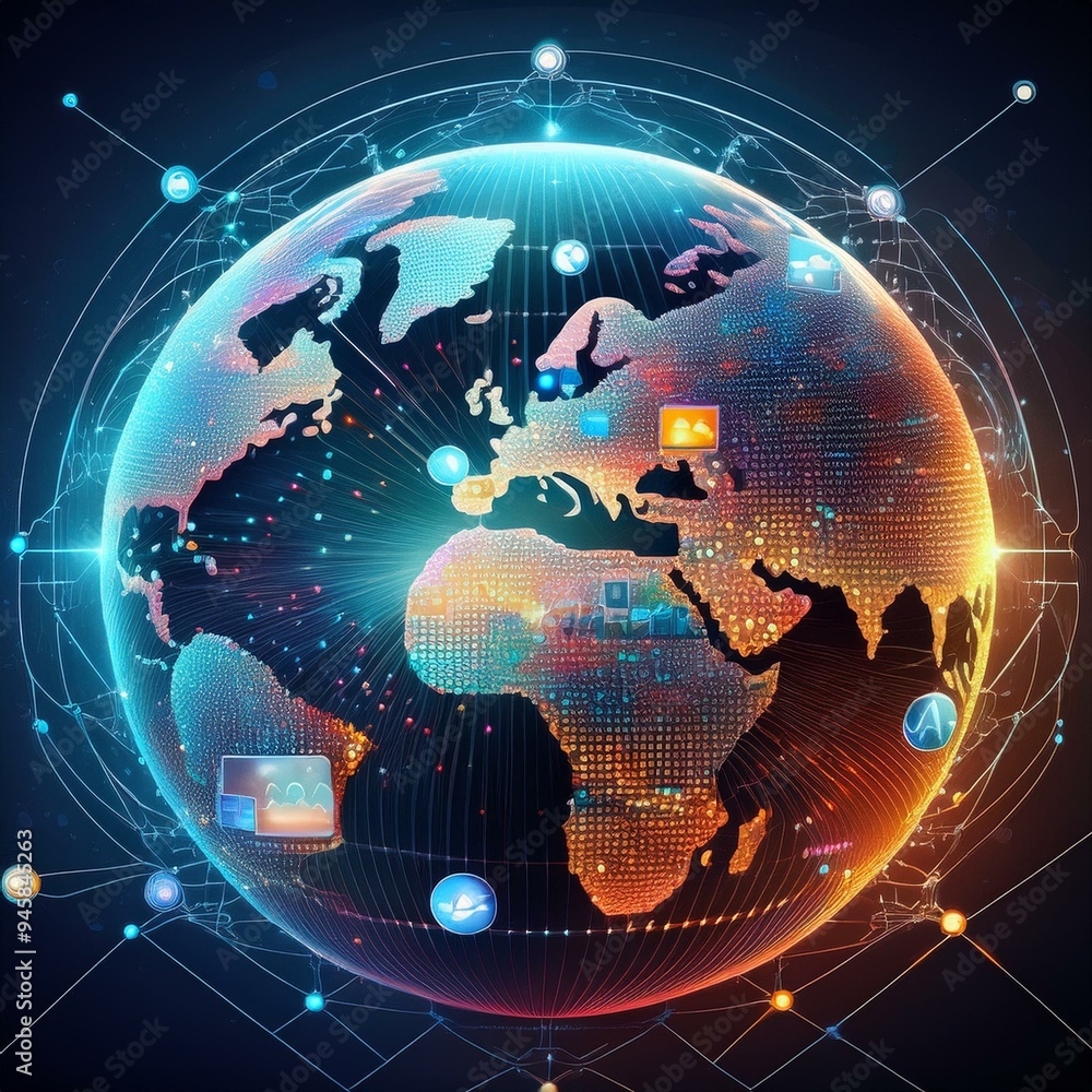 Poster abstract digital globe with global network connections and images of media content floating around i