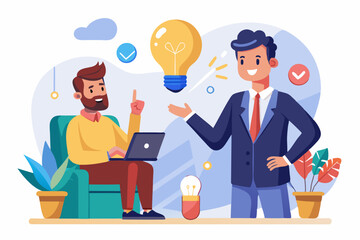 Communicate idea, advice or solution, good communication skill for business success, brainstorm or discuss in meeting concept, smart businessman talk to colleague on phone line with lightbulb symbol.
