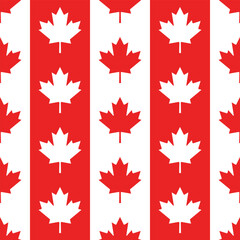 Canadian geometric vector seamless pattern. Red and white maple leaves on striped background. Best for textile, wallpapers, decoration, wrapping paper, package and web design.