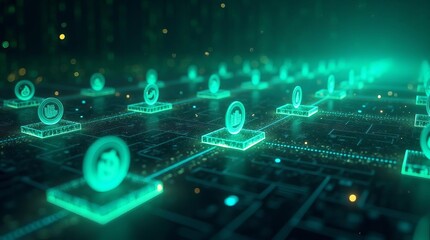 Obraz premium Internet of Things (IoT) Network: Connected Smart Devices on Glowing Green Circuit Grid