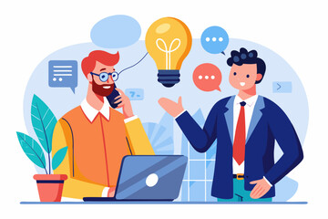 Communicate idea, advice or solution, good communication skill for business success, brainstorm or discuss in meeting concept, smart businessman talk to colleague on phone line with lightbulb symbol.
