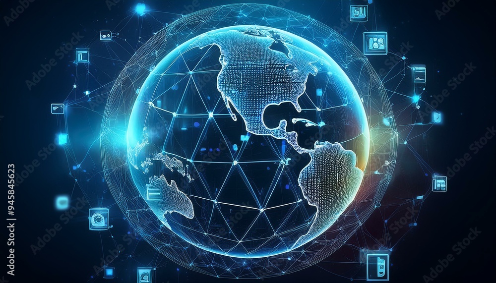 Poster abstract digital globe with global network connections and images of media content floating around i