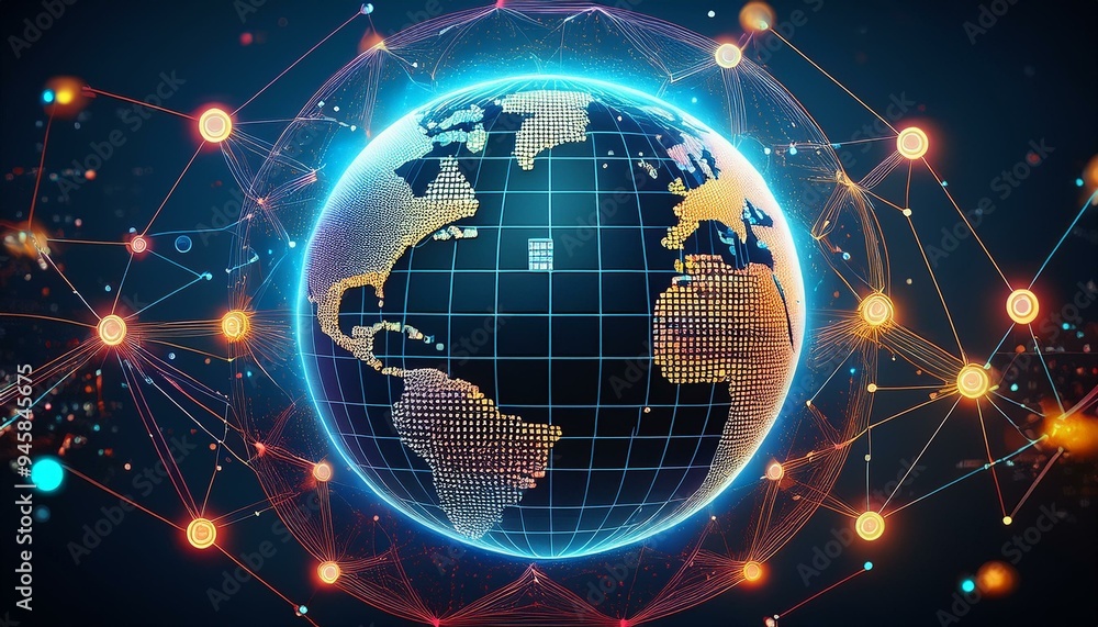 Poster abstract digital globe with global network connections and images of media content floating around i