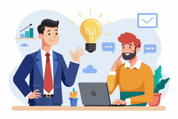 Communicate idea, advice or solution, good communication skill for business success, brainstorm or discuss in meeting concept, smart businessman talk to colleague on phone line with lightbulb symbol.
