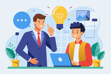 Communicate idea, advice or solution, good communication skill for business success, brainstorm or discuss in meeting concept, smart businessman talk to colleague on phone line with lightbulb symbol.
