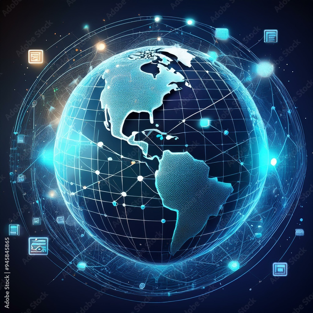 Poster abstract digital globe with global network connections and images of media content floating around i