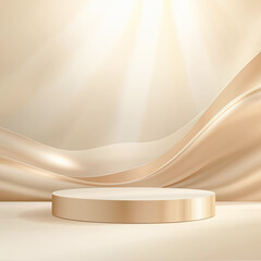 Empty golden round product display podium on a soft wavy background with light rays