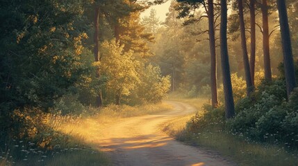 Obraz premium Forest road bathed in soft sunrise light, creating a peaceful and inviting scene.