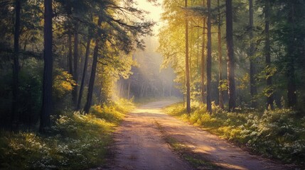 Obraz premium Forest road bathed in soft sunrise light, creating a peaceful and inviting scene.