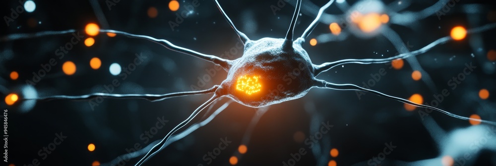 Poster a 3d illustration of a single neuron, showcasing its intricate structure with a glowing nucleus, rep