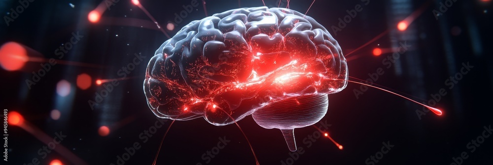 Poster a 3d illustration of a human brain with glowing neurons symbolizing the complexity and interconnecte