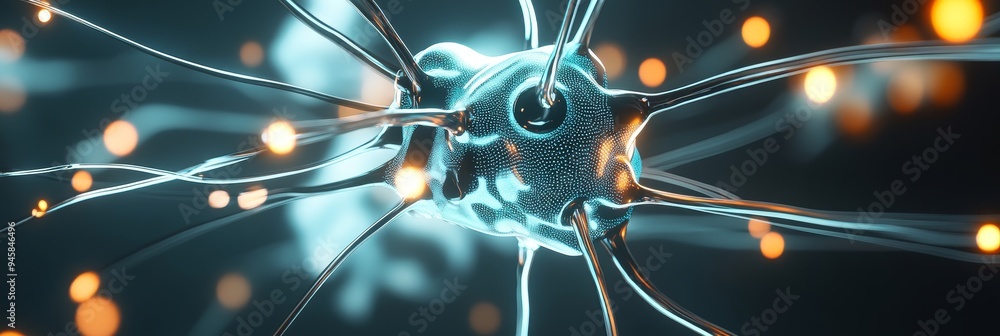 Poster a 3d of a neuron, showcasing its intricate structure and the flow of information through its axons a