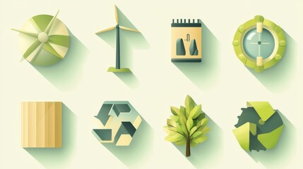 Iconography representing green energy, environmental sustainability, and other aspects of green energy.