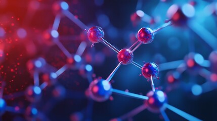 A 3D illustration of a molecular structure with spheres connected by thin rods, showcasing vibrant red and blue colors, symbolizing the interconnectedness of atoms, the beauty of science, and the pote