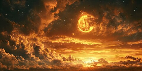 Naklejka premium Golden sunset with crescent moon and stars.