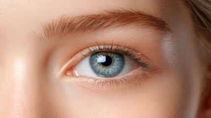 A captivating close-up photograph showcasing a woman's mesmerizing blue eye, highlighting the intricate details of the iris and eyelashes. The image evokes feelings of beauty, mystery, and allure.