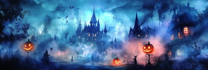 Fototapeta premium A captivating watercolor illustration of a mysterious Halloween town, featuring a gothic castle shrouded in fog, illuminated by glowing jack-o'-lanterns. The scene evokes a sense of wonder, mystery, a