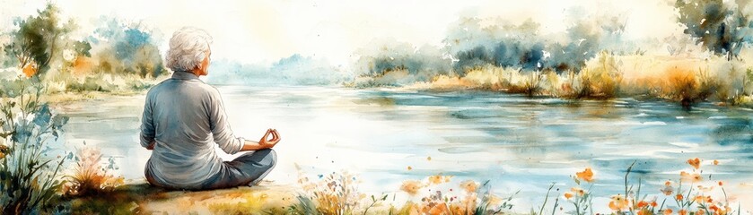 Inner Peace and Serenity: Watercolor Illustration of Elderly Woman Meditating by a Calm River