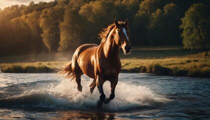 A horse running through water, with sunlight filtering through trees in the background