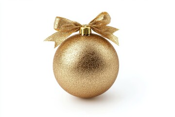 Elegant gold Christmas ball with a decorative bow on a simple white background