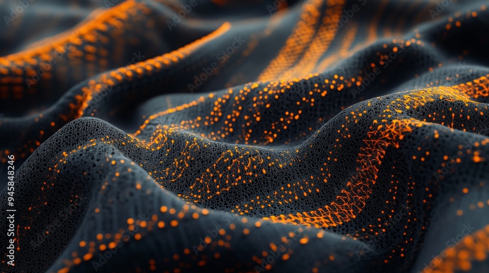Poster a close-up of a textured fabric with an intricate woven pattern. the fabric is primarily dark grey w