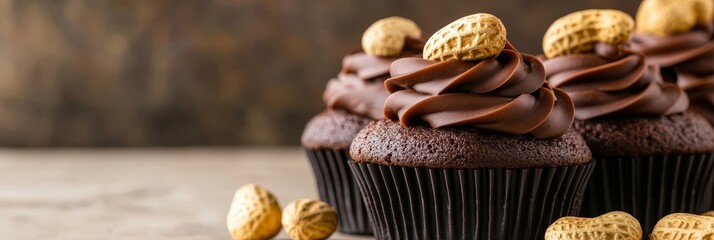 A close-up of three chocolate cupcakes topped with peanut butter frosting and garnished with peanut halves. The cupcakes are arranged on a wooden surface, with a few peanuts scattered in the foregroun