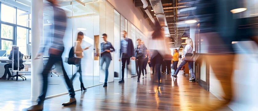 Lively modern office corridor with glass walls, wooden floors, and people in blur motion, creating a dynamic and collaborative work environment.