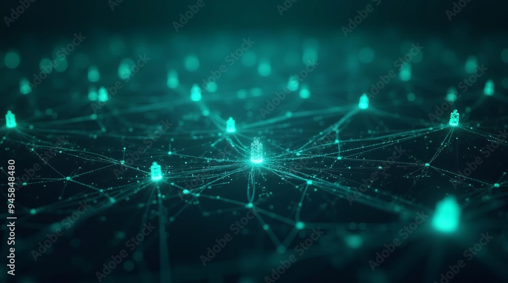 Poster digital network expansion: interconnected nodes forming glowing web of global connectivity