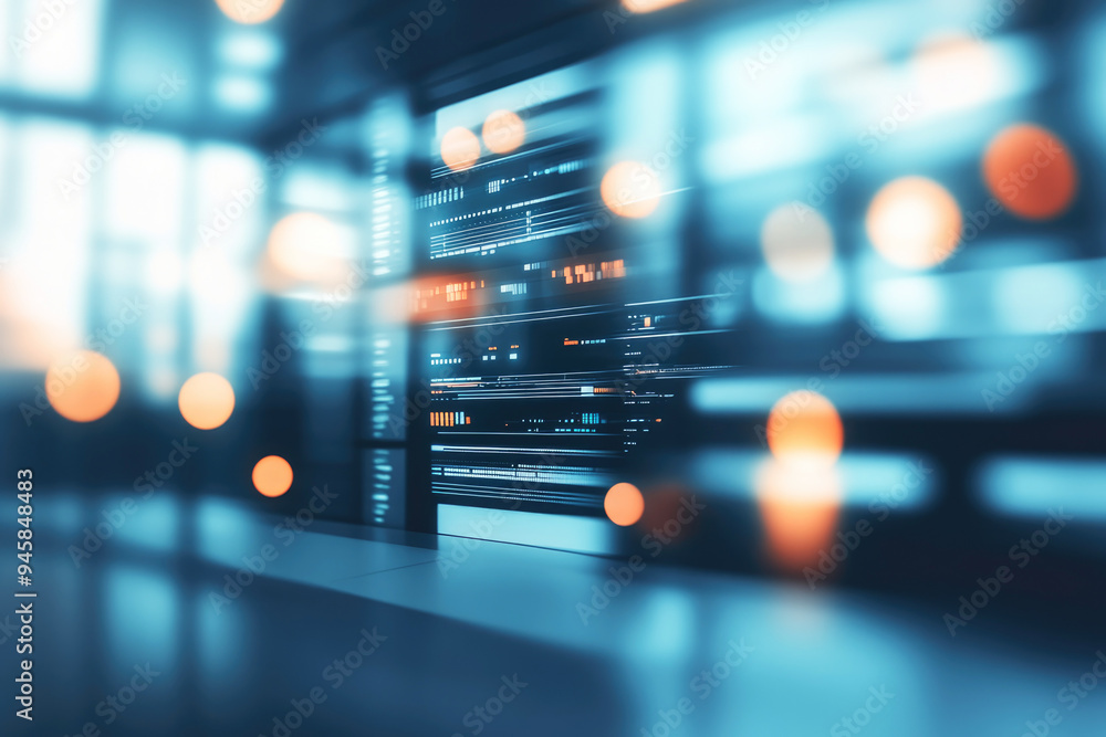 Poster an advanced data center with glowing lights, showcasing operational servers, symbolizing powerful da