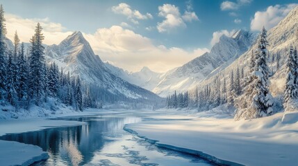 Obraz premium A peaceful winter scene with snow-covered mountains and a frozen river winding through the valley.