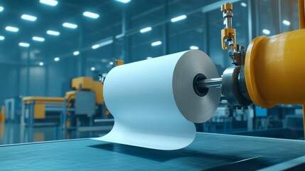 A close-up view of a paper roll being produced on a paper mill production line. The machine is in operation, and the paper roll is being wound onto a spindle. This image symbolizes the manufacturing p