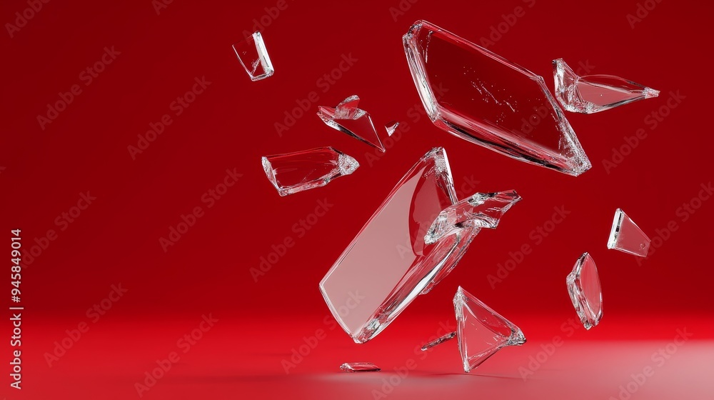 Poster a collection of broken glass shards, falling and scattered against a vibrant red background, creatin