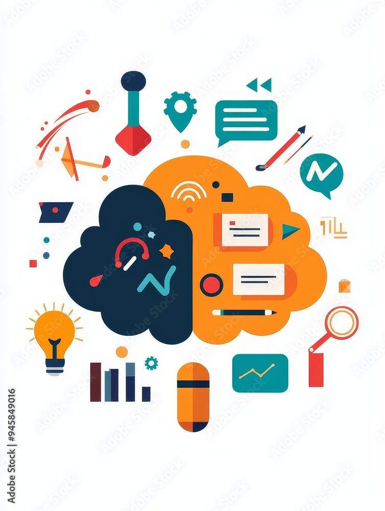 Poster a colorful and abstract illustration depicting two cloud-like shapes representing the brain, filled 