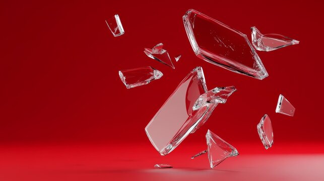A collection of broken glass shards, falling and scattered against a vibrant red background, creating a visually striking composition. This image evokes concepts of fragility, destruction, and the bea
