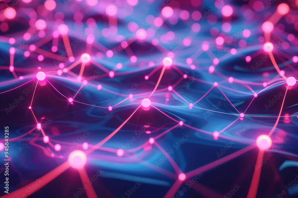 Poster an abstract representation of a glowing network with pink nodes and lines over a blue surface symbol