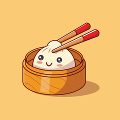 Dim Sum With Chopstick Cartoon Vector Icon Illustration. Food Object Icon Concept Isolated Premium Vector. Flat Cartoon Style