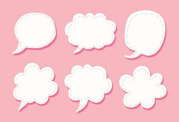 Retro Aesthetic Memo Stickers: Pink Background, White Speech Bubbles, Crayon Style Frames, Chat Box Balloons, Cloud Shapes, Blank Label Tags, Vector