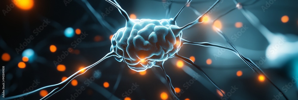 Poster a detailed 3d of a neuron cell, showcasing its intricate structure and connections. the neuron's nuc
