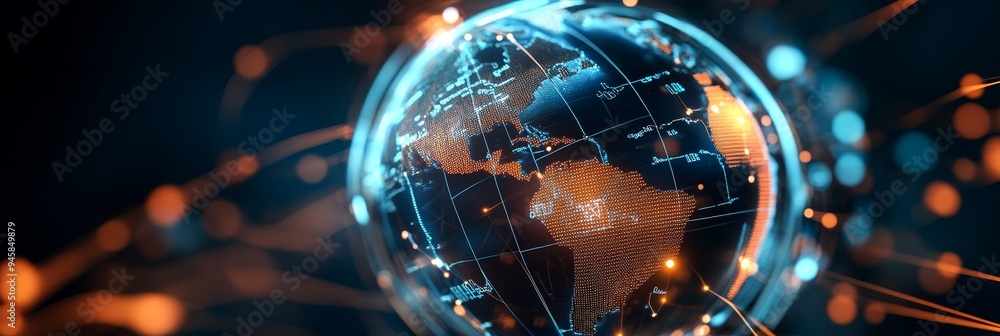 Poster a digital globe with glowing lines representing data connections, symbolizing global e-commerce, dat