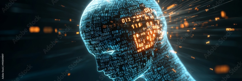 Poster a digital human face dissolving into a swirl of binary code, symbolizing the convergence of technolo